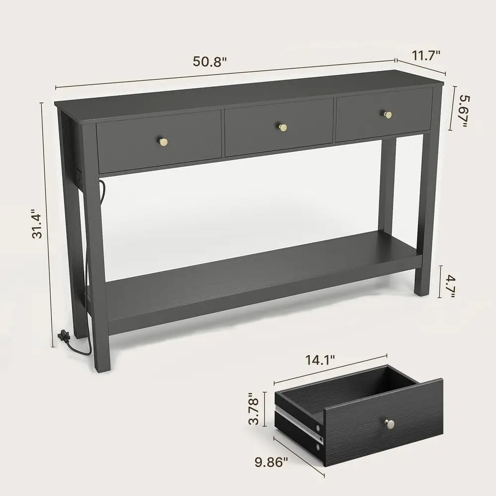 Soa Table with Outlets and USB Ports, ole Table with 3 Ders, Narrow Long Storage Shelves or Living Room, Couch, Hallway, oyer, E