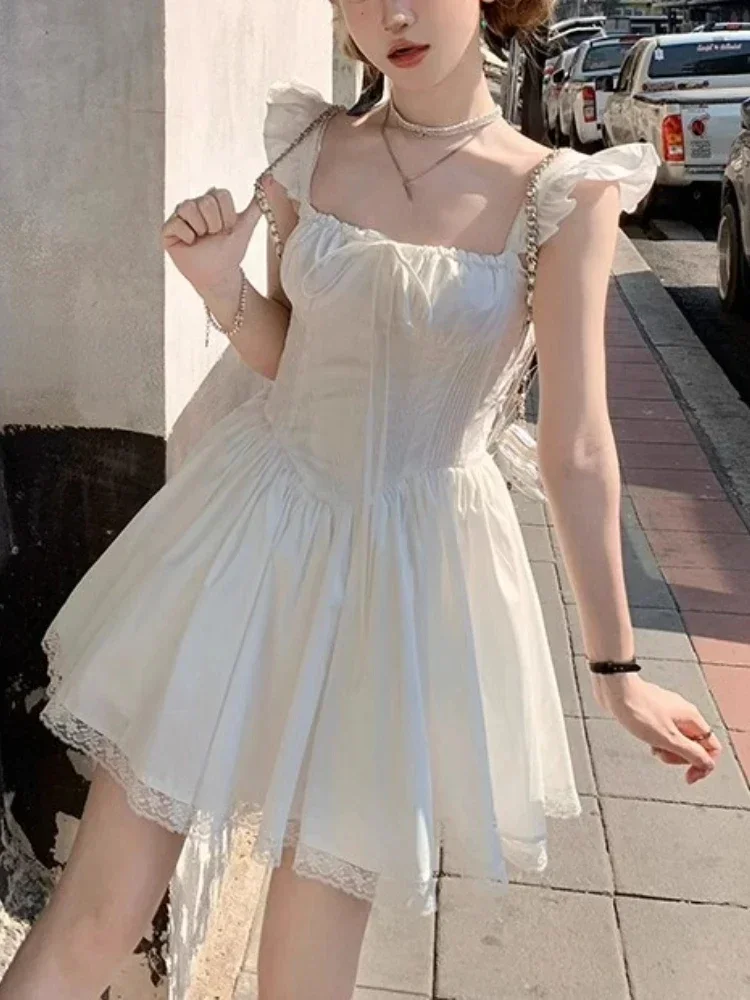 فستان حلو على الموضة الكورية الجديدة للصيف Yk2 Kawaii الجنية قطعة واحدة فستان نسائي على طراز Preppy من الدانتيل فساتين حفلات غير رسمية للسيدات