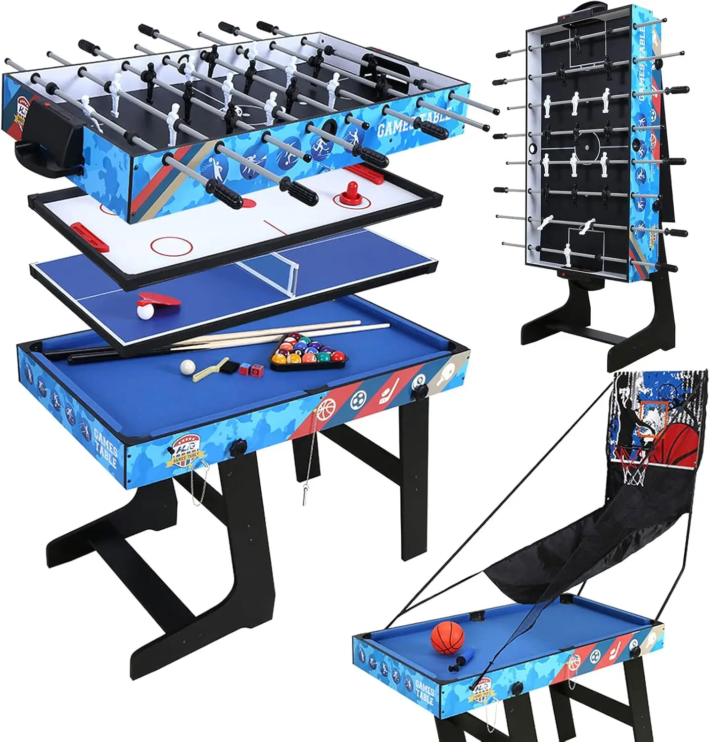 5-in-1 Multi Game Table for Kids HLC Portable Multi Game Combination Table Set Foosball Soccer,Ping Pong,Pool Billiards,Air Hock