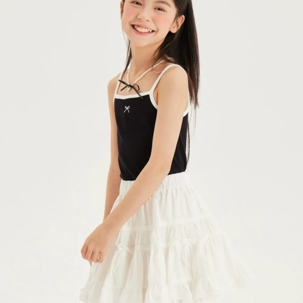 Ribbed Knit Girls Camisole Top Contrast Trim Spaghetti Straps Cropped Vest Bow Embroidery Round Neckline Tank Top Casual Wear