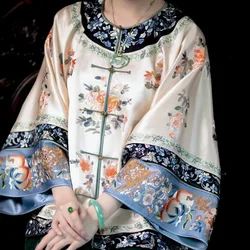 Primavera autunno moda raso albicocca girocollo stampato Tang vestito Top tradizionale cinese Tang camicetta per le donne Qing Dynasty Top