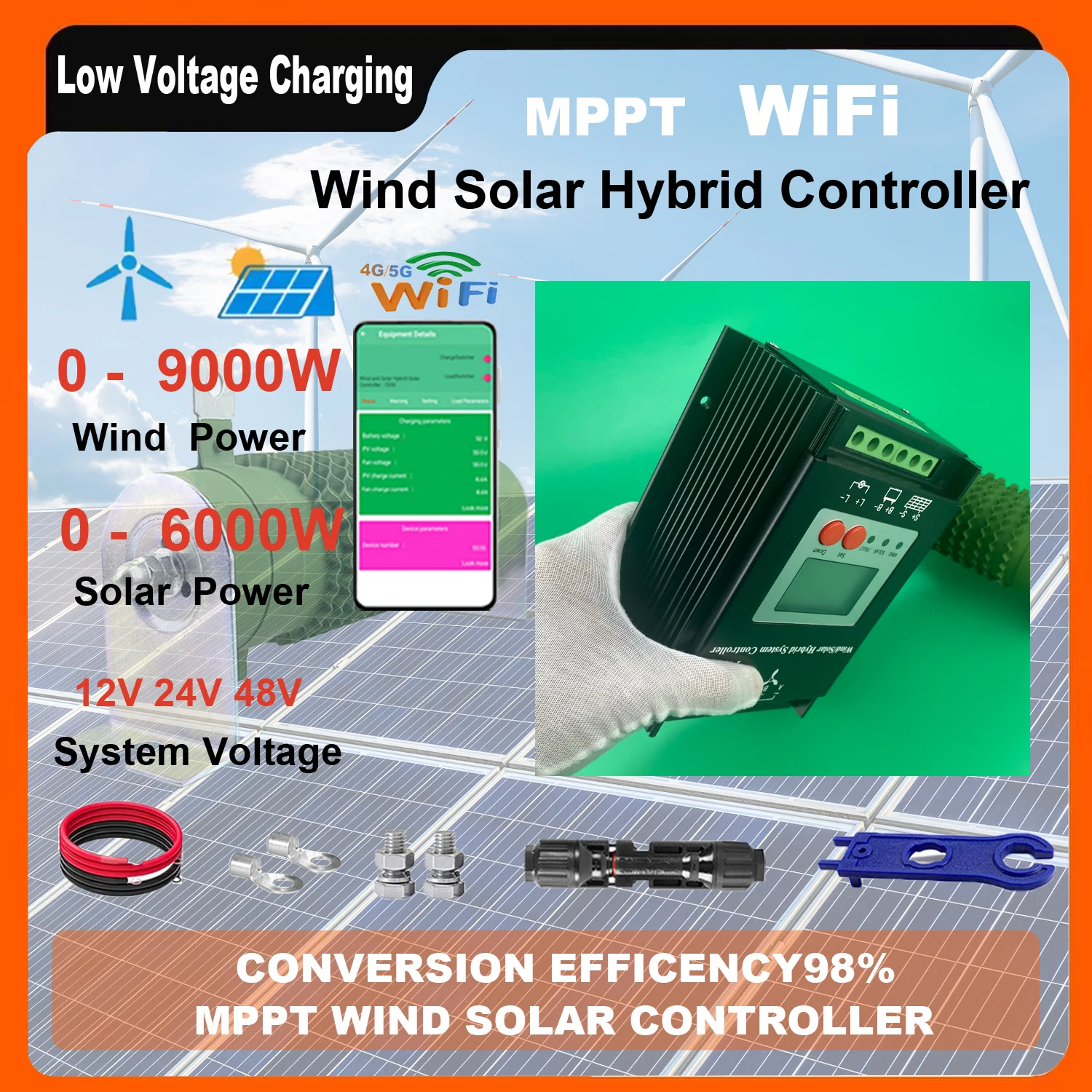 

12 24V 48V 3000W 4000W 5000W 6KW MPPT Hybrid Wind Solar Charge Controller LCD Display WIFI Regualtor For Lifepo4 Lithium battery
