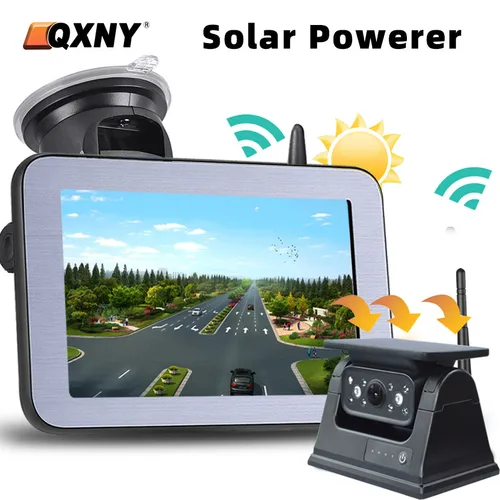 Imagen 1 del producto QXNY Cámara de respaldo inverso con imán de energía solar inalámbrica con monitor de visión trasera AHD de 5 ""para camper, camión, remolque, RV