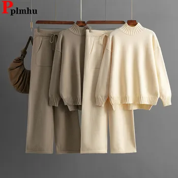 ฤดูหนาวหนาถัก 2 ชิ้นชุดผู้หญิงครึ่งคอเต่าเสื้อถักเสื้อกันหนาวเสื้อ Conjuntos เอวสูง Sweatpants ชุด