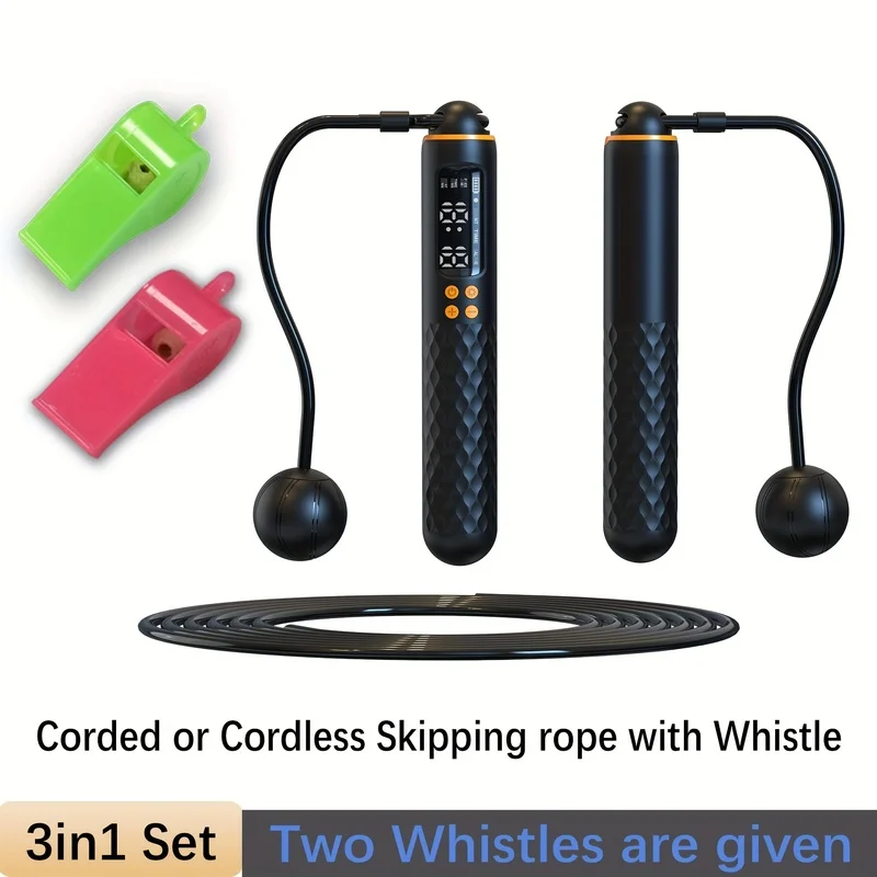 Digital Counting Jump Set with USB Charging Whistles - Cordless/Corded Adjustable Skipping Rope Exercise and Fitness, 14+ Age Gr