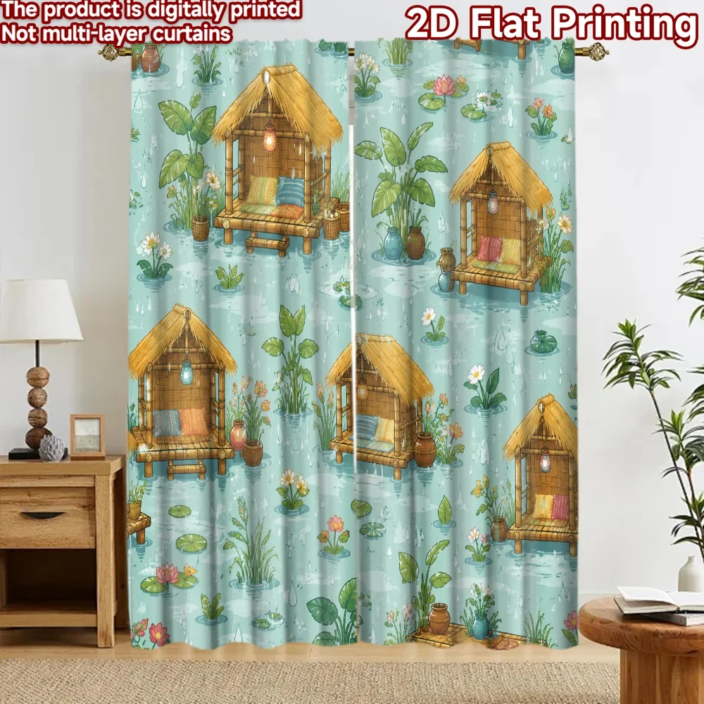 2D flat 2pcs Curtain Country Style Curtains Rainy Floating Bamboo Huts Digitally printed polyester, colorfast Party Decorations