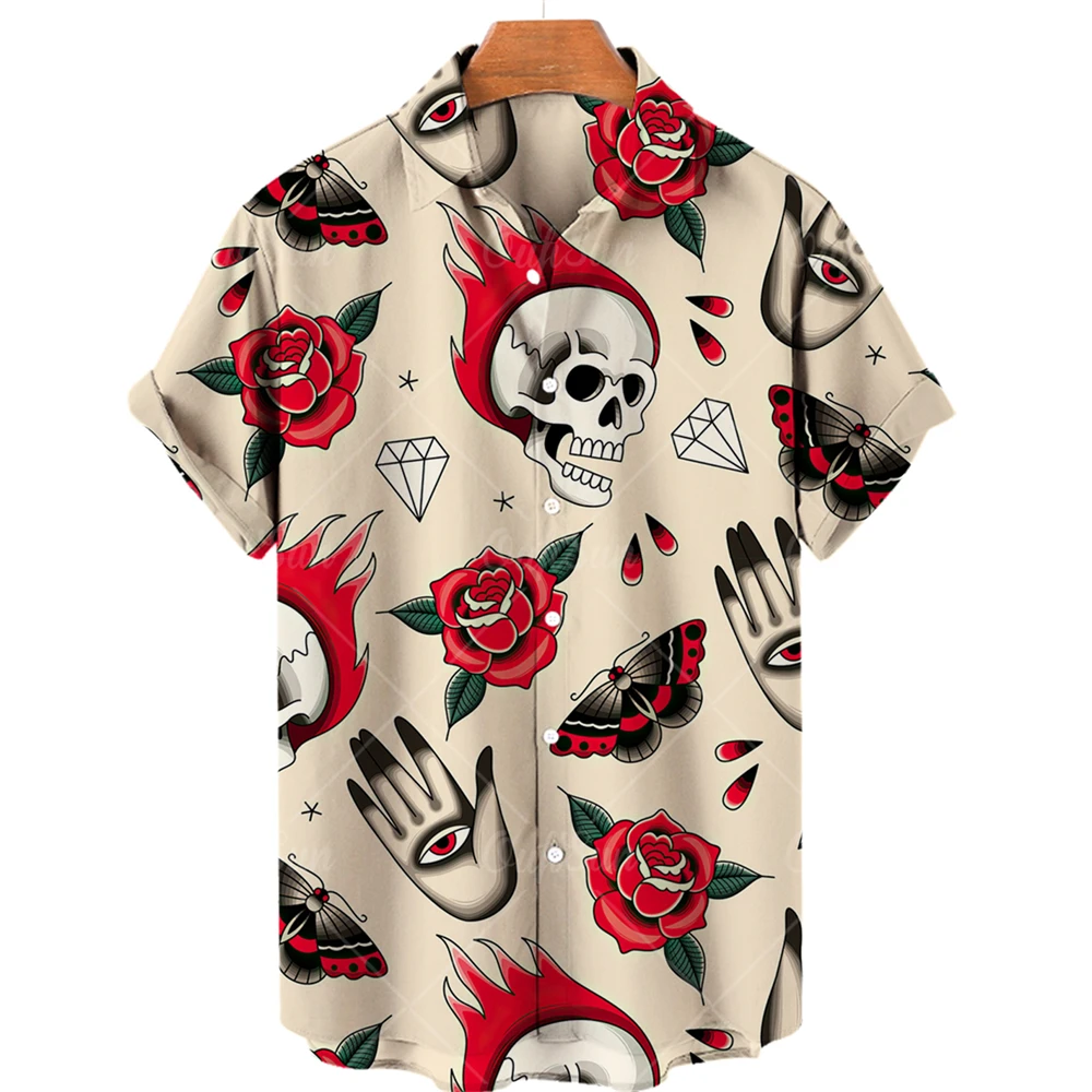 Fashion Skull Halloween Print Men's Shirt Street Trend Harajuku Lapel Top Hip Hop Punk Style Oversized Shirt Casual Short Sleeve