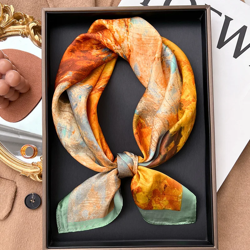 Plaid Silk Square Scarf Women Satin Shawl Wrap Hijab Female Hair Band Wrist Luxury Headkerchief 70*70cm Echarpe 2022 Bandana