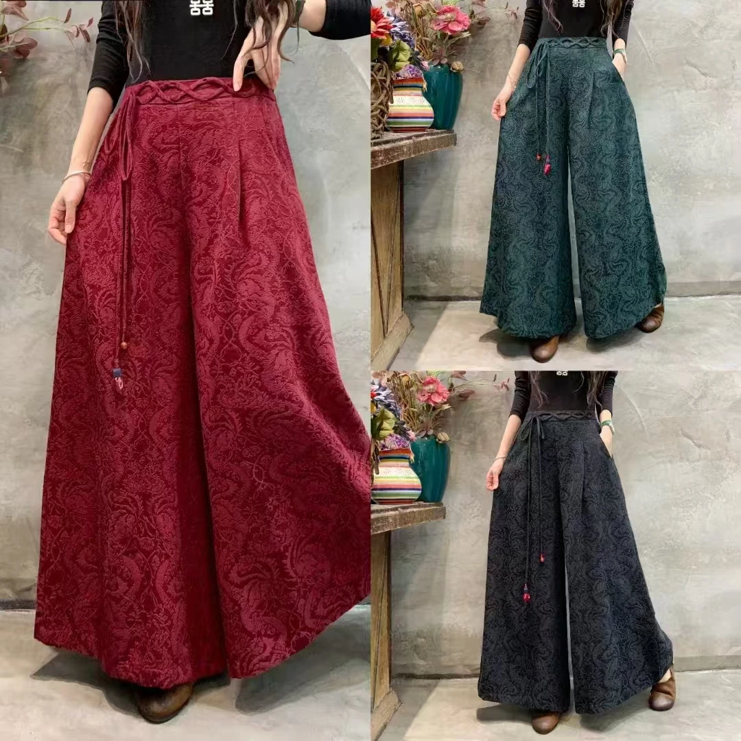 

New Chinese Sle National Trend Retro Embroidered Tassel Cotton Linen Wide Leg Pants Women Loose Skirt Pants Semi Elastic Wa...
