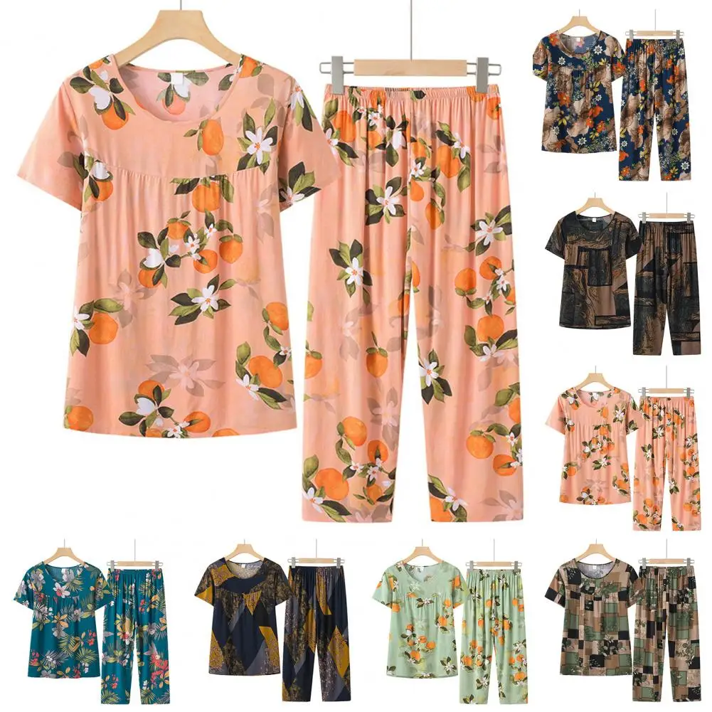 2 Pcs/Set Trendy Two Piece Suit Mid-aged T-shirt Pants Set O Neck Colorful Flower Print Mid-aged Night Clothes Sleeping