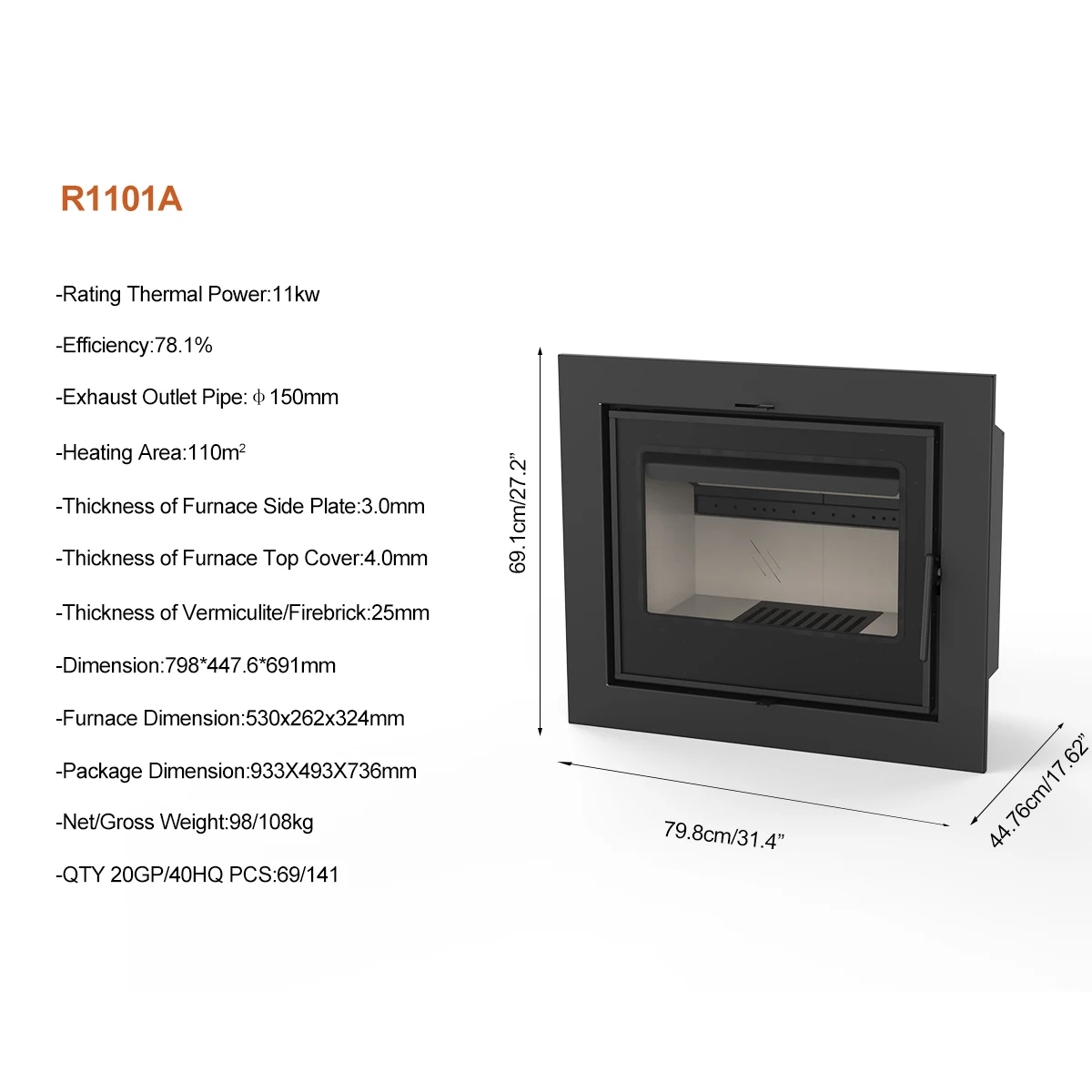 11KW 78.1% Efficiency Eco-friendly Indoor Heating Insert Wood Stove with Large Viewing Window Wood Burning Stove Fireplace
