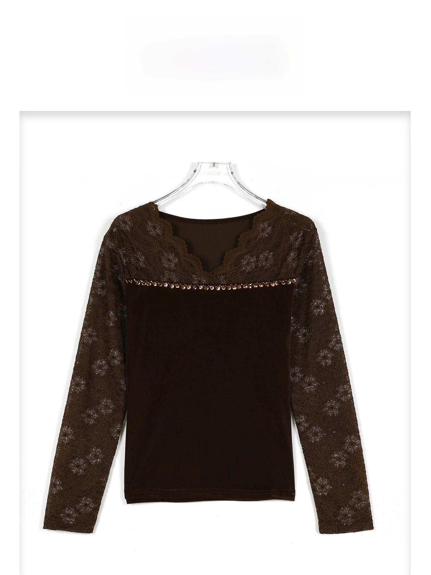 

eila Lace Top Women's Casual Versatile Base Layer Autumn Winter New Sle Outwear Indoor Wear Stand Fit V-Ne Long Sve