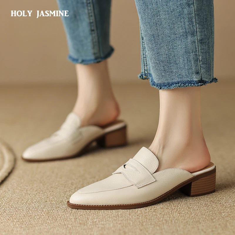 

Pointed Toe Thick Heels Women Pumps Spring Summer Mature Concise Genuine Leather Muller Shoes Ladies Dress Loafers Shoes Woman