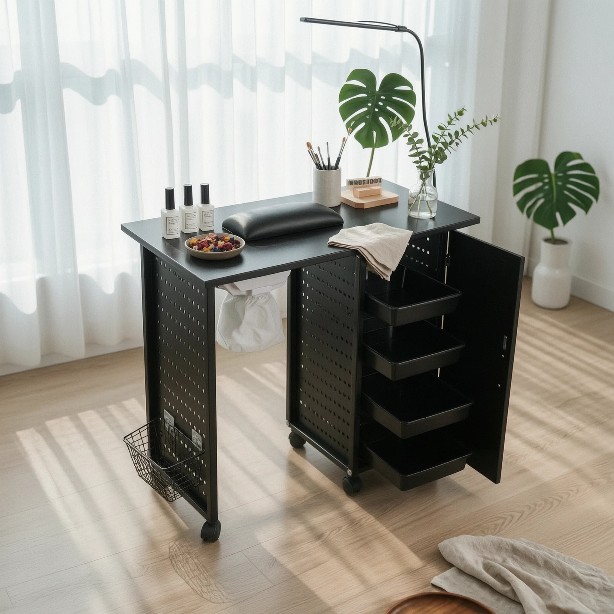 Manicure Table with Drawer and Cabinet LED Lamp Arm Nail Table with Dust Collector Nail Station Rectangular Tabletop