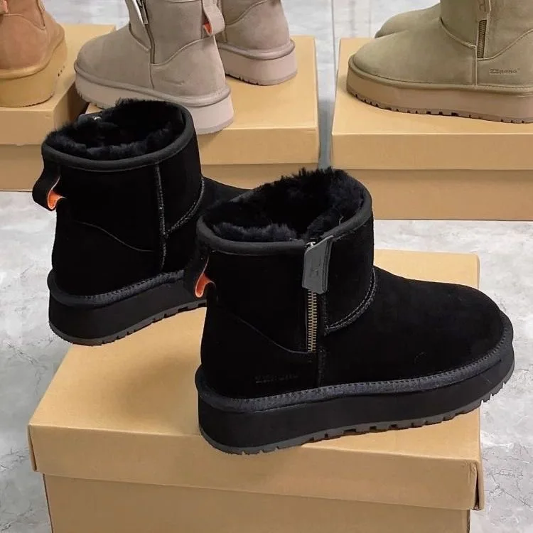 Thick soled snow boots, women's fur integrated new style, thick soled side zipper short boots with thick cotton shoes and plush