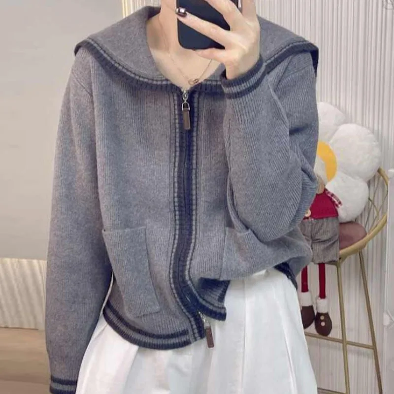 

Вязаный свитер, женские кардиганы, новый вязаный свитер с матросским воротником и длинными рукавами, кардиган, женские топы, трикотажные изделия, Sueters De Mujer Q1424