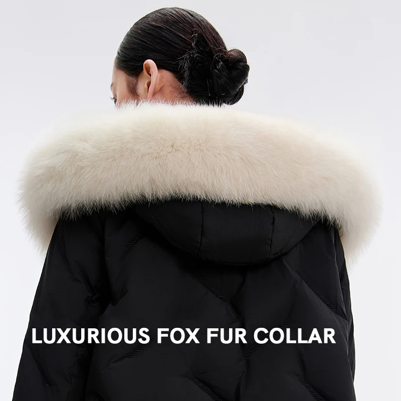 Chericom Damen-Daunenjacke mit Kapuze, weißes Fuchspelz, neue mehrere Taschen, Reißverschluss-Design, weiblich, warme Polsterung, Puffermantel, Y289205B