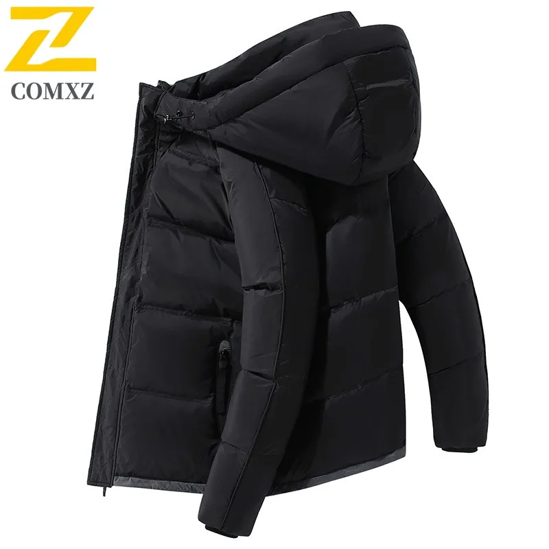 COMXZ 2025 Autumn Winter Thermal Down Coat Men Hooded Short Style Trend Down Jacket Wear White Duck Down Top Men Cold Proof Suit