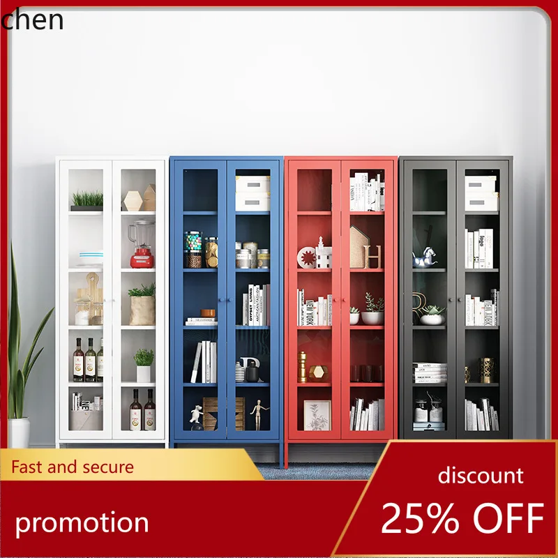 HT Bookshelf with Glass Doors Storage Narrow Cabinet Floor-standing Dustproof Bookcase  Iron Art Gap Storage Display Cabinet
