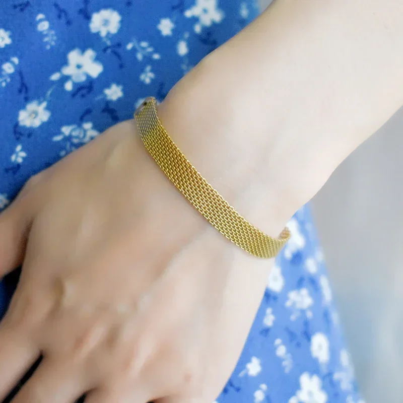 女性と男性のためのステンレス鋼のブレスレット,金の色,メッシュ,リンク,ハンドチェーン,ジュエリー