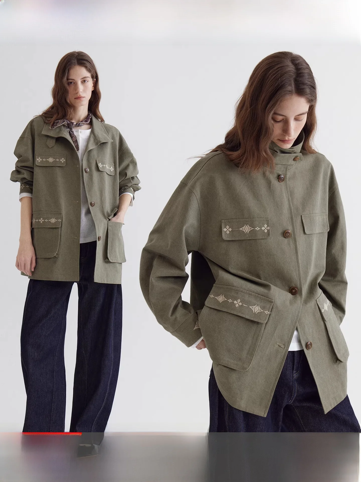 

Fano Early Spring Loose Aosphere Women's Olive een Geometric Embroidery Multi-ket Workwear Jaet mat Sle Sta...