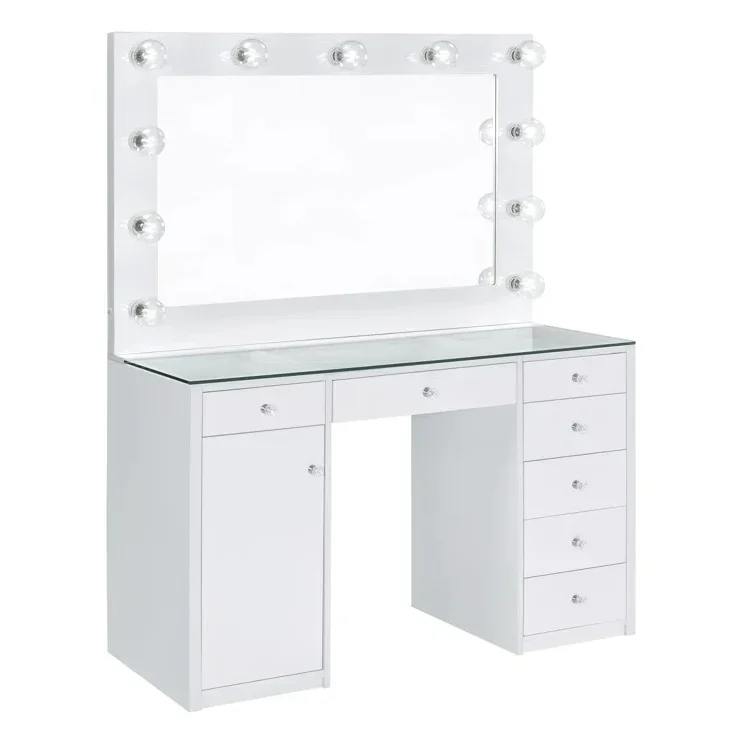 7-Drawer Makeup Vanity Table with LED Hollywood Mirror Lighting Crystal Acrylic Knob Handle Glass Top Dressing Table