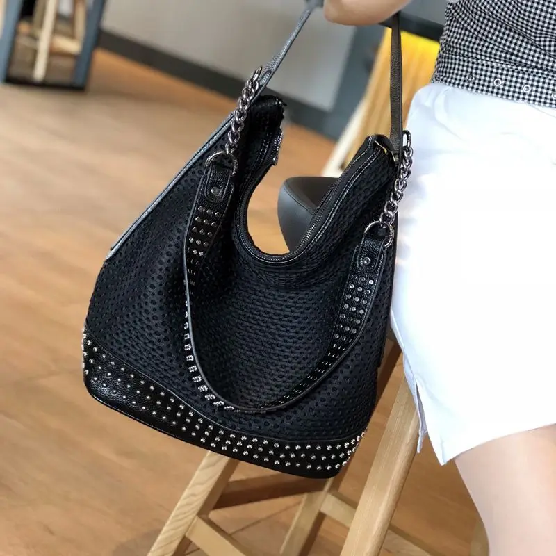 New Hollow Fabric Breathable Large Bag For Women With Genuine Leather Stitching, Soft Leather Rivets Large Capacity Shoulder Bag