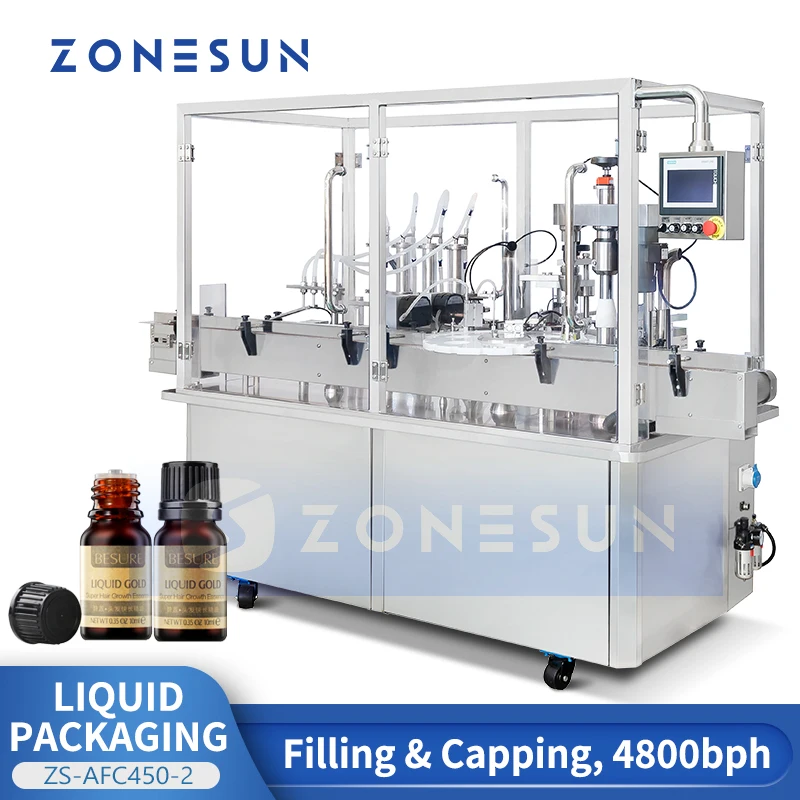 ZONESUN ZS-AFC450-2 Macchina confezionatrice automatica per liquidi Olio essenziale Gocce per bottiglie Attrezzatura per riempimento e tappatura Cam Spliter