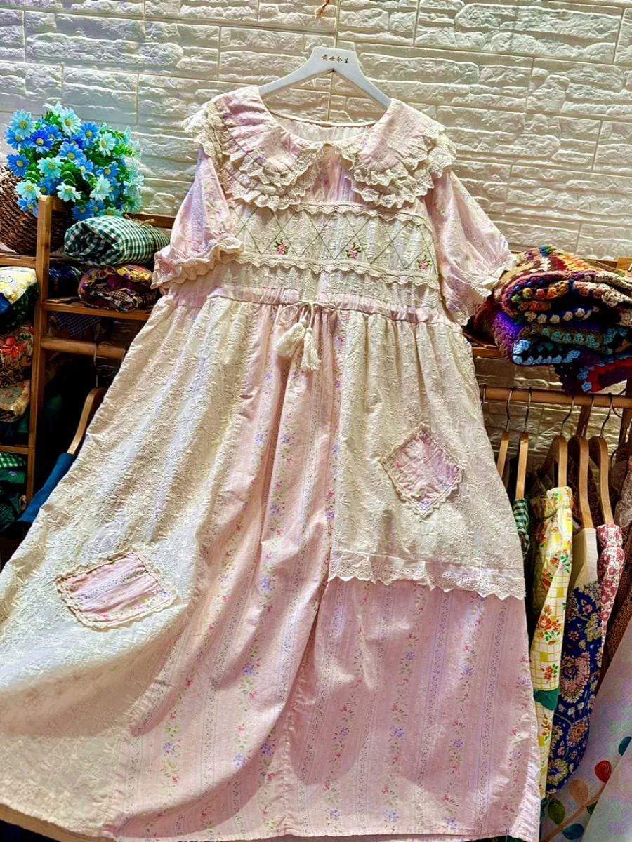 Vintage Rococo Sweet Cotton Ruffled Lace Patchwork Tunic Long Midi Dress Retro Shabby Chic Cottage Core Wedding Evening Dress