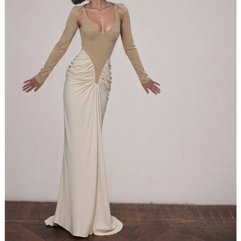 

Sexy Fashion Model Irregular Contrast Patchwork Design Pleated Slim Length Sleeve Dress for Women