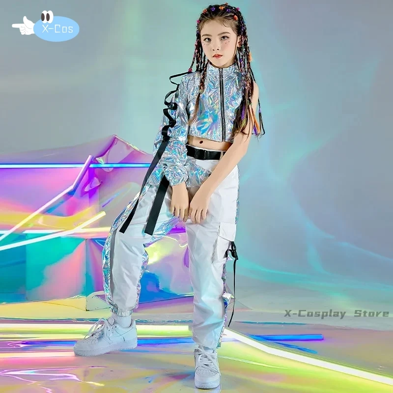 PU Hip-Hop Dance Clothes Reflective Rave Outfit Girl set Jazz Dancewear Festival Crop top pantaloni Cargo passerella Show Costume