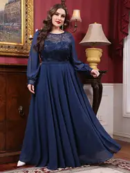 Mgiacy plus size  Round neck see-through sequin embroidery patchwork lantern long sleeve chiffon full skirt Evening gown