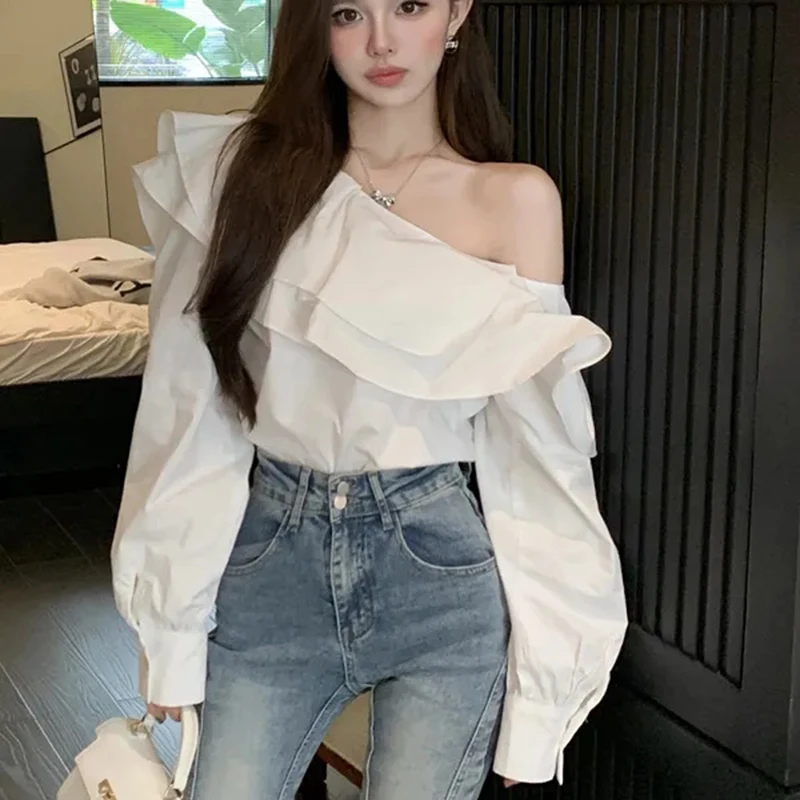 Ruffle Sexy Off Shoulder Women Slant Solid Spring Fall Long Sleeve Pullover Fashion Elegant Chic French Female Cropped Tops