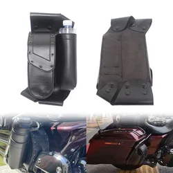 For Harley Touring Road King Electra Glide Motorcycle Black Leather Saddlebag Guard Crash Bar Bag W/ Water Drink Bottle Holder