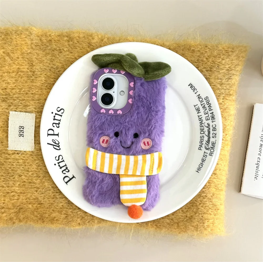 

Милый мягкий пушистый плюшевый чехол для телефона с вышивкой из баклажана, теплый зимний меховой чехол для iPhone 16 Pro Max 14 15 13 Pro Max