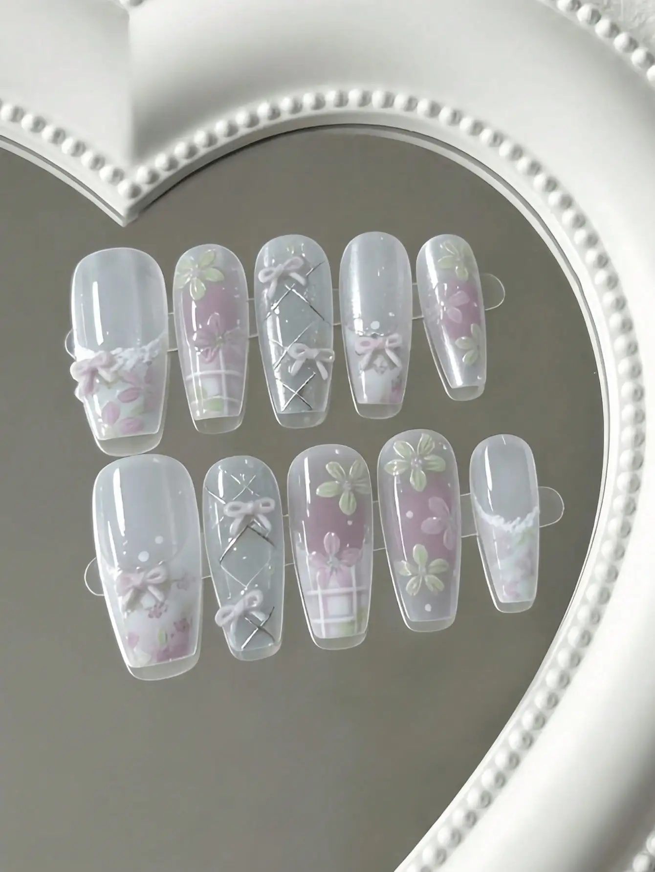 10 Pieces of Medium-Length Pink and Green Floral Bowknot Press-On Nails, Gentle French Style, Featuring Hand-Painted Floral Designs, Bowknots, and Plaid Patterns, Using Translucent Hand-Painting and Three-Dimensional Decoration Techniques, Suitable for Young Girls and Young Women, Ideal for Daily Commuting, Dating, and Birthday Parties, Comes with Jelly Glue and Nail File