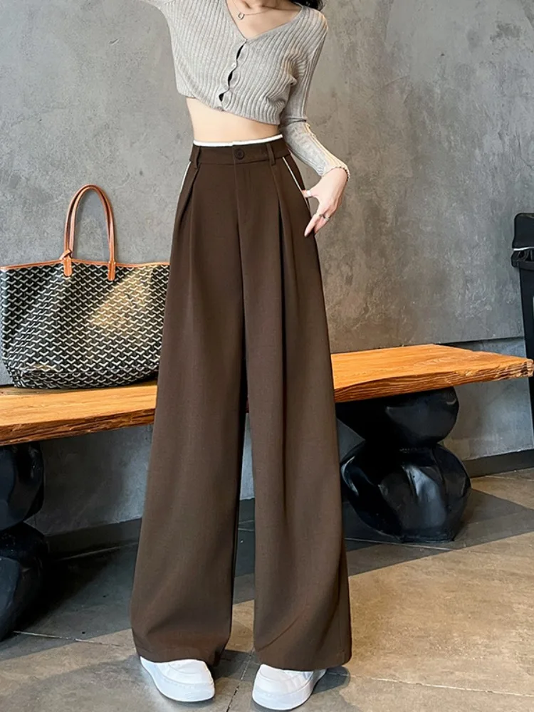 Pantalones de traje de pierna estrecha para mujer, ropa de trabajo drapeada, pantalones de corte recto de pierna ancha y cintura alta, para ir al trabajo, Faion coreano