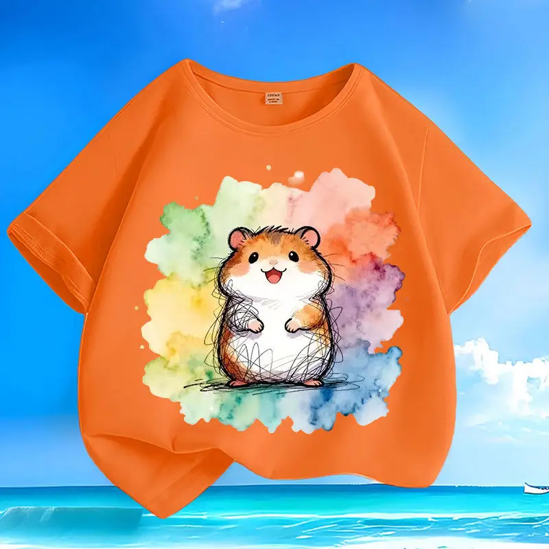 Graffiti Hamster Pure Cotton Cartoon Short Sleeved Small and Medium-sized Children's Round Neck T-shirt Casual Parent-child Top