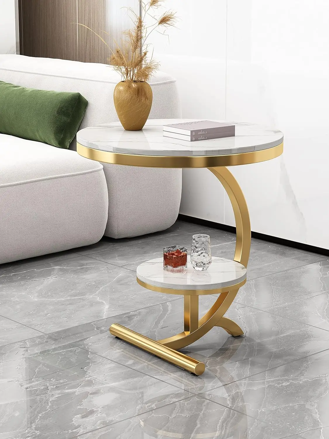 Luxury Marble End Table Decor & More Round Coffee Table with Storage Shelf for Home & Living Room | Gold Coffee Table | Outdoor & I