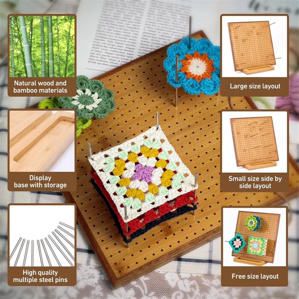 لوح كتلة كروشيه 2025+11.8 بوصة مع 20 إبر/أوتاد، لوح كتلة لحياكة الكروشيه، لوح كتلة مربع من الخيزران #3