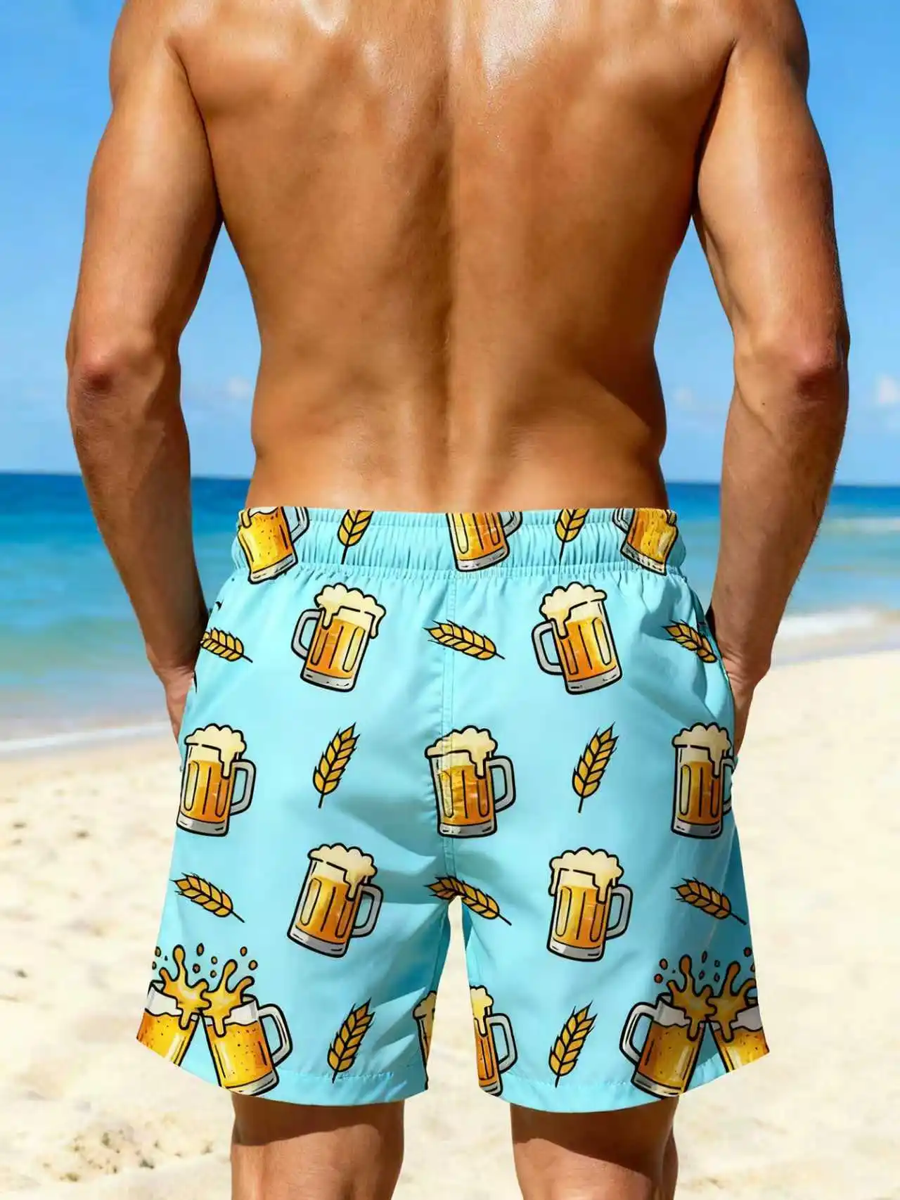 Men's Beer Print Quick Dry Swim Trunks, Light Blue Elastic Waist Drawstring Beach Shorts with Pockets, Summer Casual Surf Board