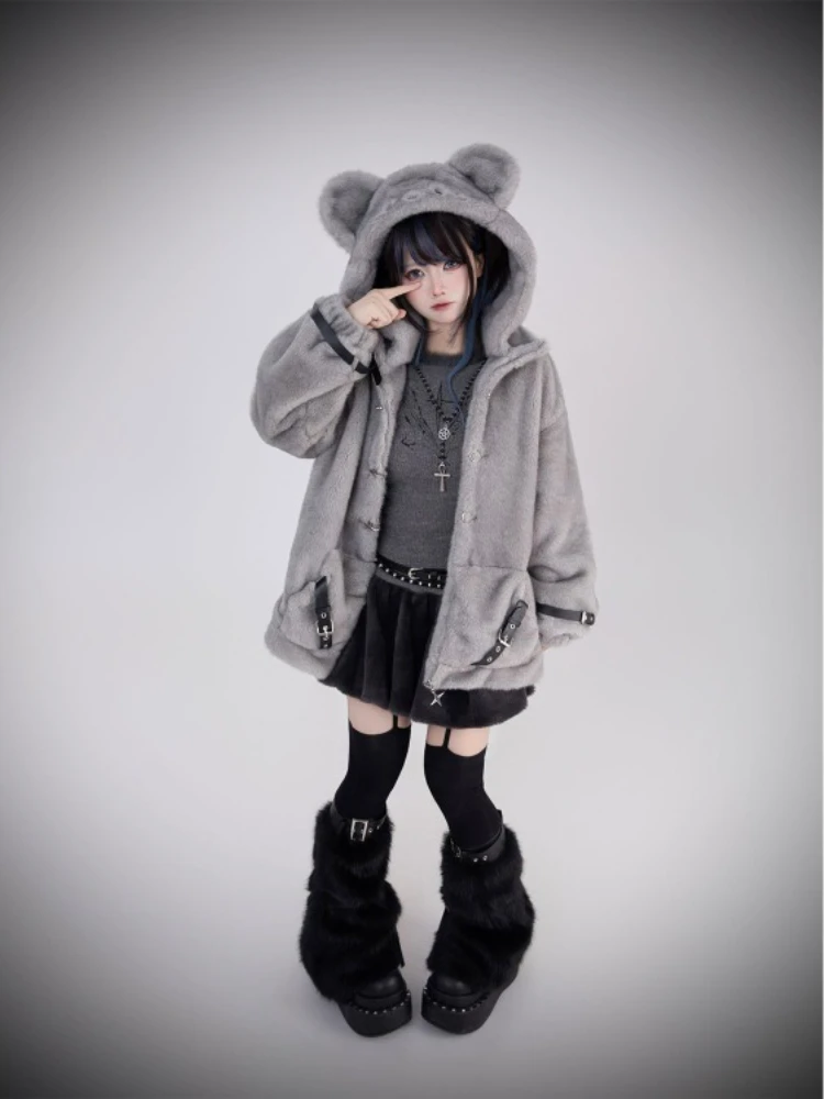 

Japanese Kawaii Sweet Autumn Winter New Thicked Warm Short Jackets Y2k Subcultural Dark Punk Women's Tops Fur Sweatshirt