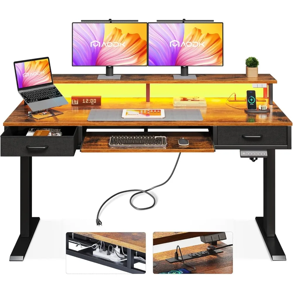 Electric Standing Desk with Drawers & Keyboard Tray, 55 Inch Height Adjustable Gaming Desk with Power Outlets & LED Lights