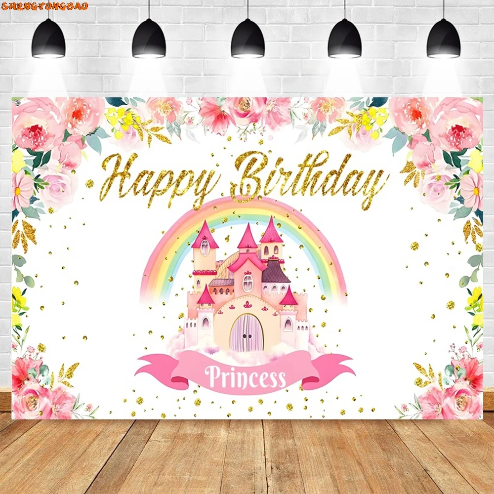 Castelo arco-íris princesa aniversário fotografia pano de fundo dourado glitter unicórnio feliz aniversário meninas festa decoração fundo