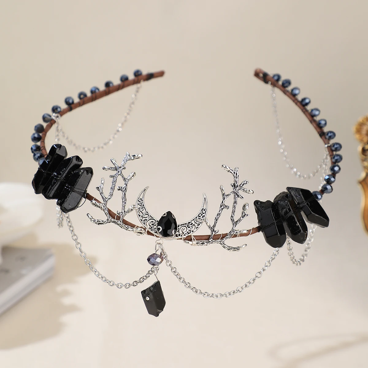 Baroque Vintage Black Natural Stone Tiaras Headbands For Women Moon Crystal Rhinestone Hairbands Wedding Hair Accessories image 6