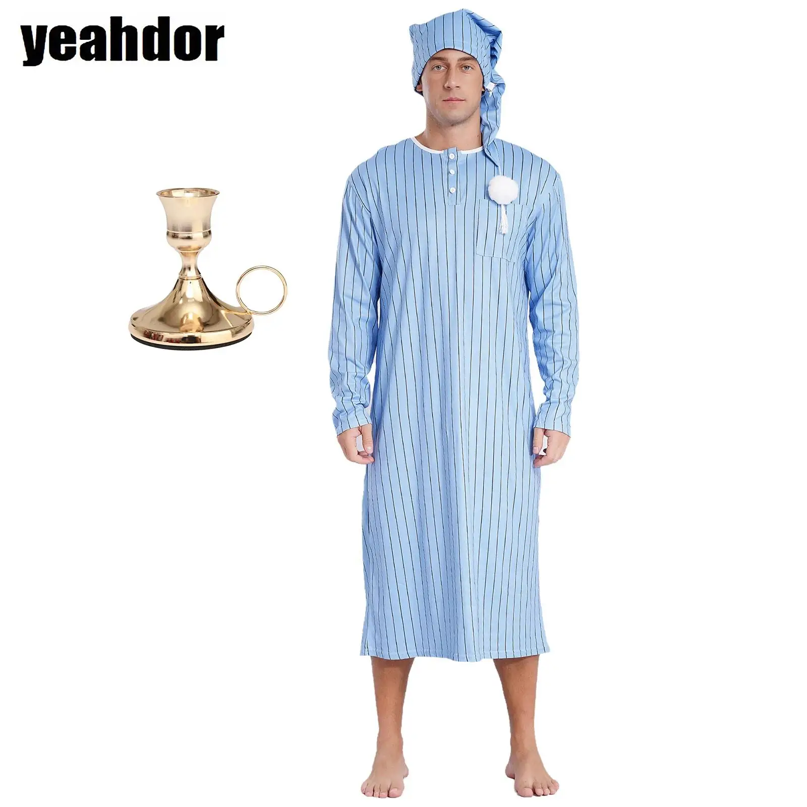 

Men Long Sleeve Loose Pajama Robe Christmas Striped Sleep Dress with Pointed Hat +Candle Holder Candlestick Set Sleep Nightgown