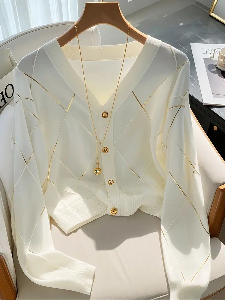 

Korean Style Chic White Knitted Cardigan Women Tops Autumn High-end Argyle Long Sleeve Slimming Knitwear Coat for Women
