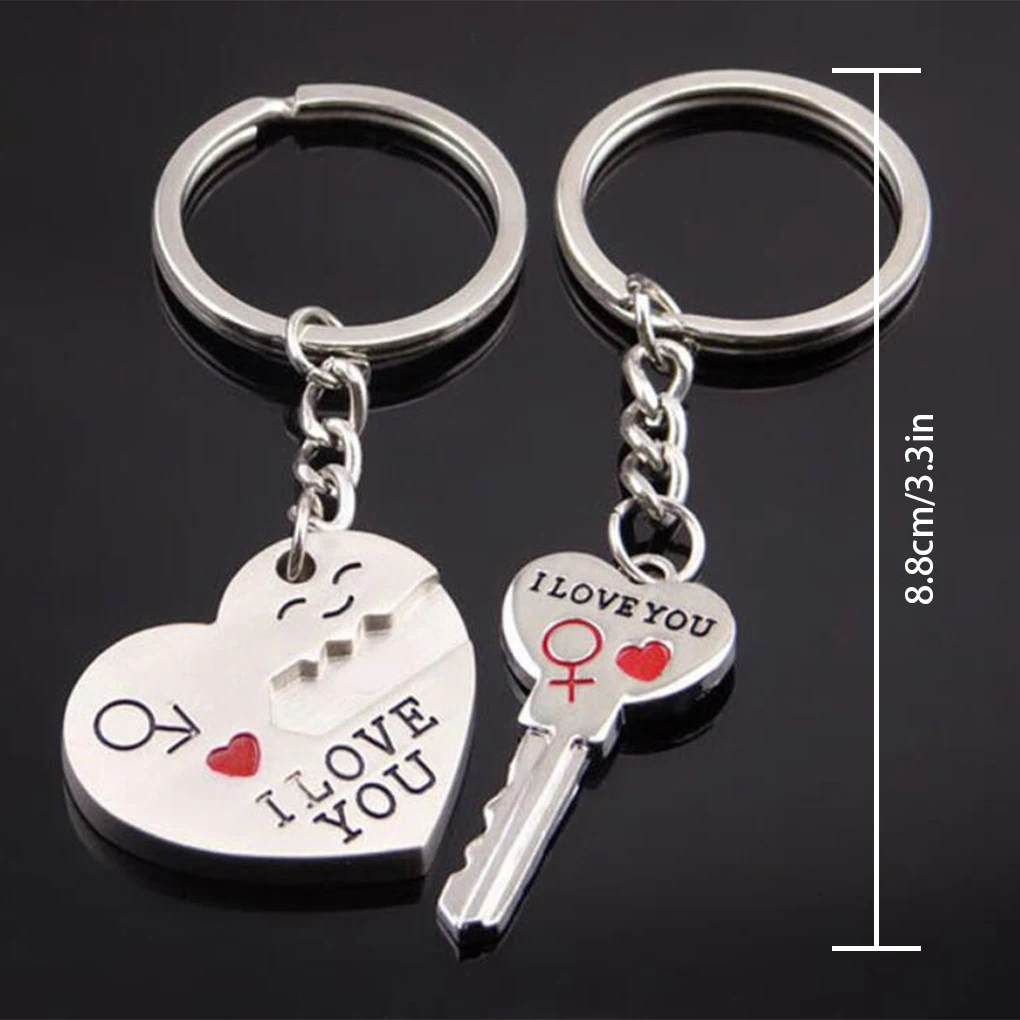 1 Pair Couple Key Chain Heart Shape Cute Pendant Alloy Lovers Keyring Anniversary Gift