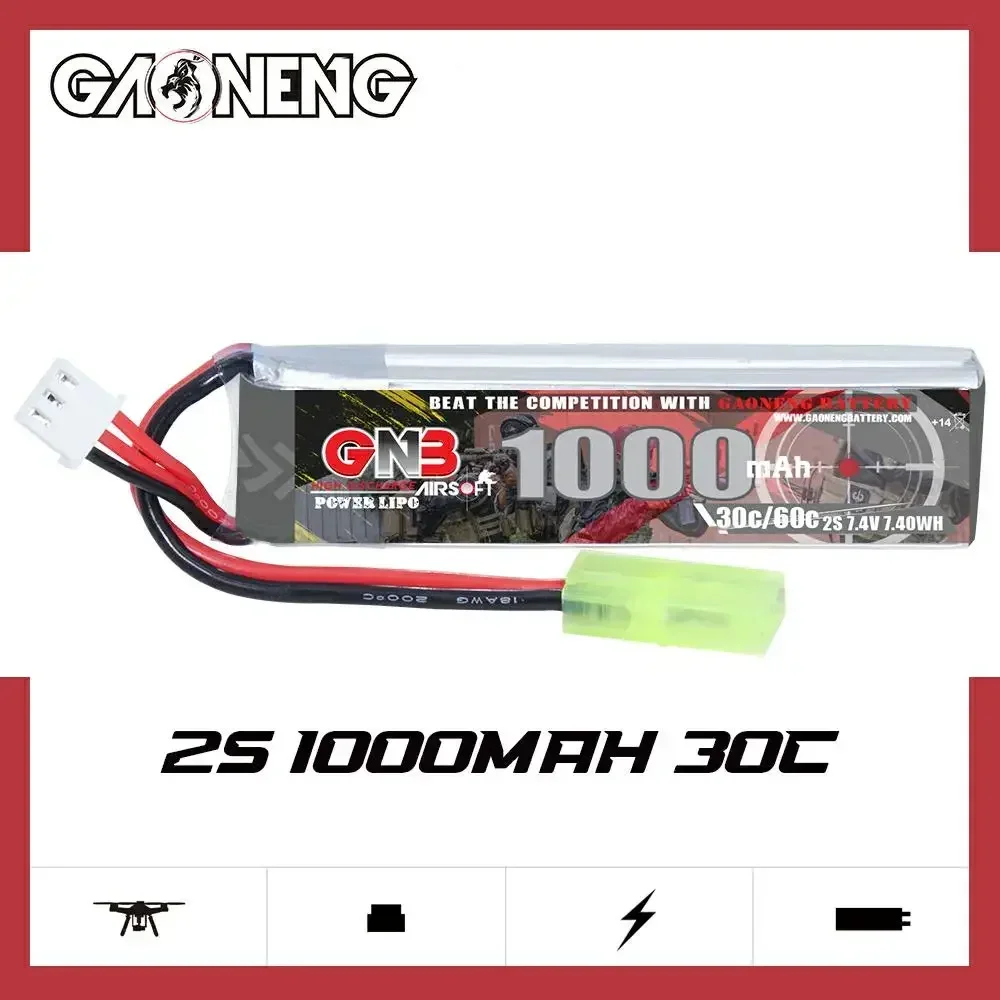 2PCS GNB 7.4V 1000mAh 2S 30C/60C Lipo Battery With JST/MR30/Mini Tamiya Plug For Electric Water Gun RC Toy Airsoft Gun Parts