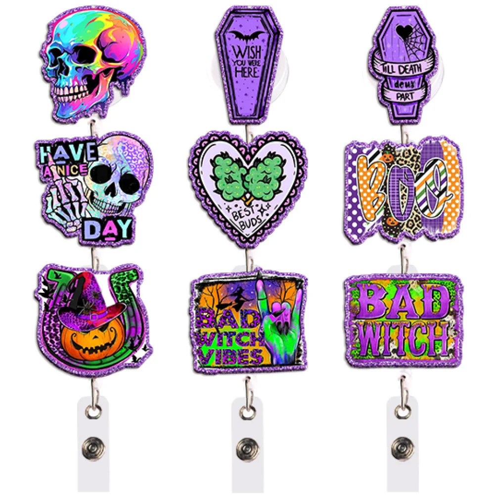 Kawaii Halloween Badge Reel Retractable ID Holder Pumpkin Witch Hat Skull Purple Green Gift for Teacher Office Work Party Crew